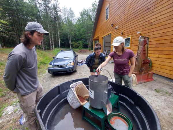 Rob Fitch, Rhona Thomson, and Jess Colby operating the Dybvig, courtesy of Jess Colby, NorthWoods Stewardship Center.